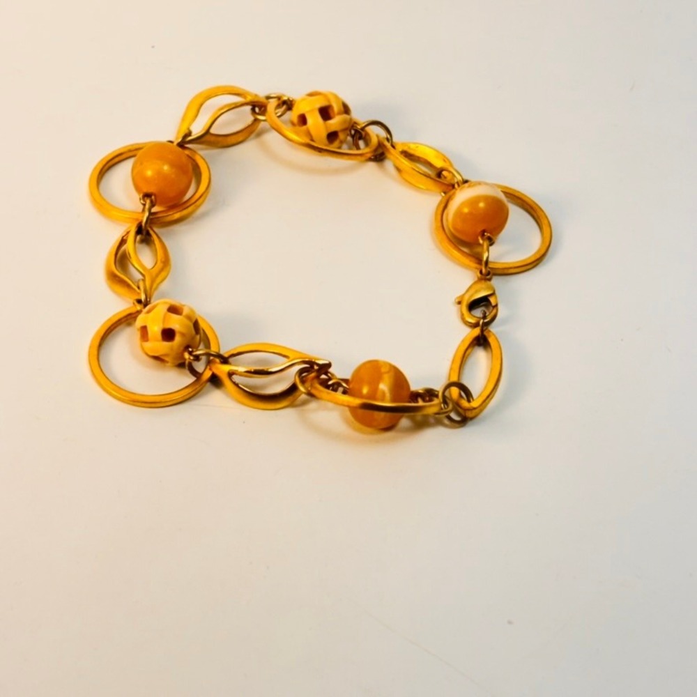 Vintage Link Bracelet Gold Yellow Marbled Bead Boho Chic Minimalist 90s